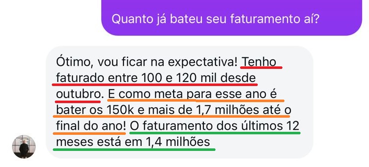 Mensagem de aluno relatando faturamento de R$ 1,4 milhão nos últimos 12 meses